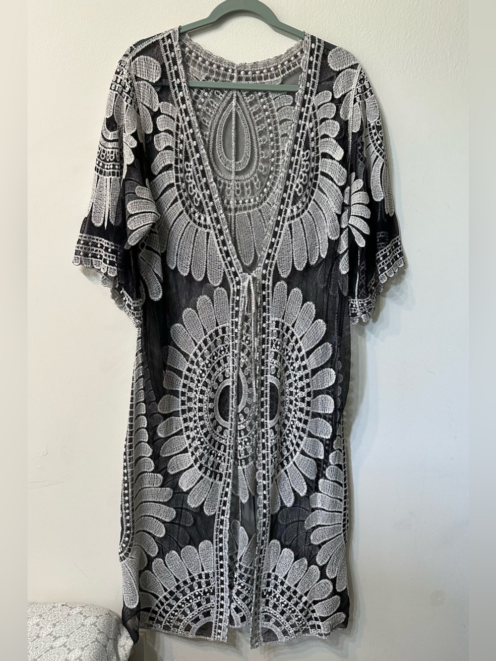 Cupshe Boho Black White Floral Lace Kimono Cover Up Sheer Mesh Duster Top M L XL